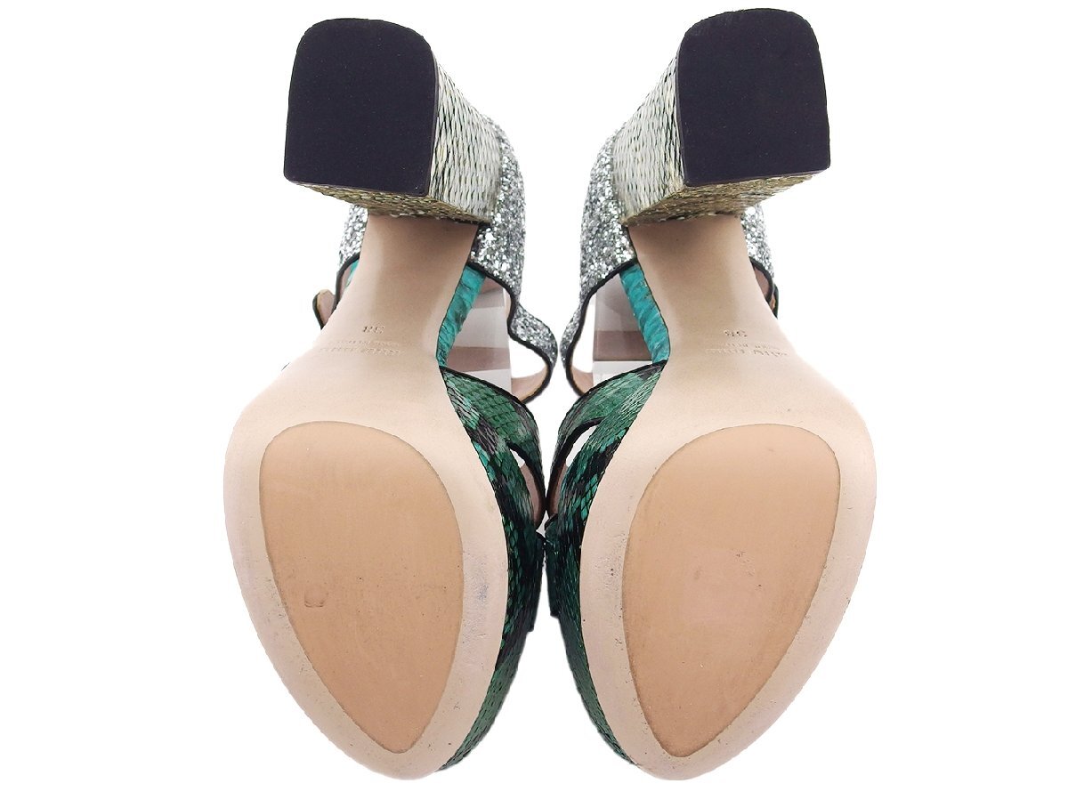 【ブラックフライデー30%OFFクーポン】ミュウミュウ MIUMIU サンダル パイソン グリーン×シルバー レディース 中古_画像8