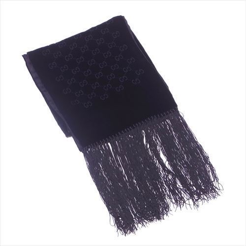 【ブラックフライデー30%OFFクーポン】グッチ マフラー フリンジ付き レディース ストール GG柄 ベロア ブラック 中古_画像1