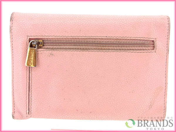 【30%OFFクーポン】シャネル 三つ折り財布 レディース キャビアスキン×ココマーク ピンク 中古_画像6