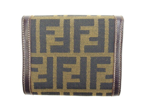 【30%OFFクーポン】フェンディ 三つ折り財布 コンパクトサイズ レディース Wフラップ ズッカ カーキ×ブラック×ブラウン 中古_画像2