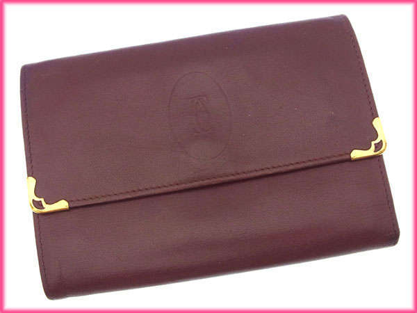 【30%OFFクーポン】カルティエ 三つ折り財布 がま口 レディース 角プレート付き マストライン ボルドー×ゴールド 中古_画像2
