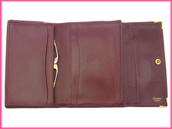 【30%OFFクーポン】カルティエ 三つ折り財布 がま口 レディース 角プレート付き マストライン ボルドー×ゴールド 中古_画像4