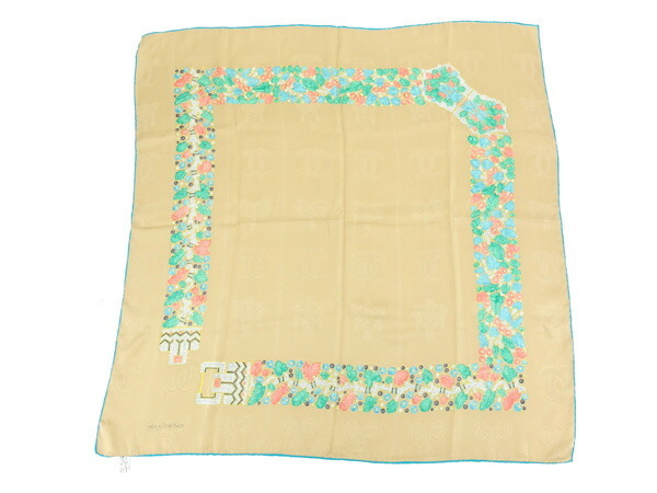 【ブラックフライデー30%OFFクーポン】カルティエ スカーフ 大判サイズ レディース マストライン ベージュ×ブルー系 中古_画像3