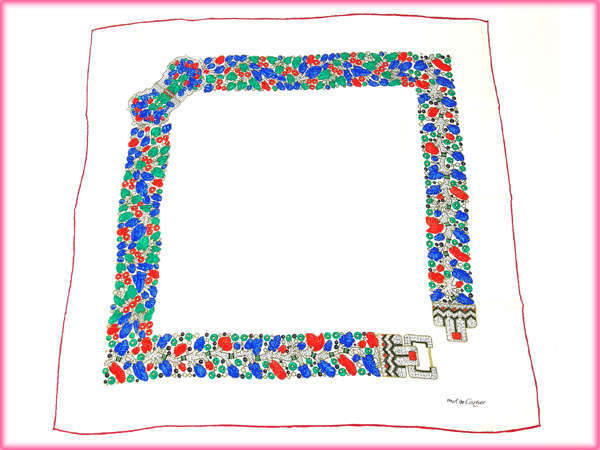 【ブラックフライデー30%OFFクーポン】カルティエ スカーフ レディース マストライン ホワイト×レッド 中古_画像4