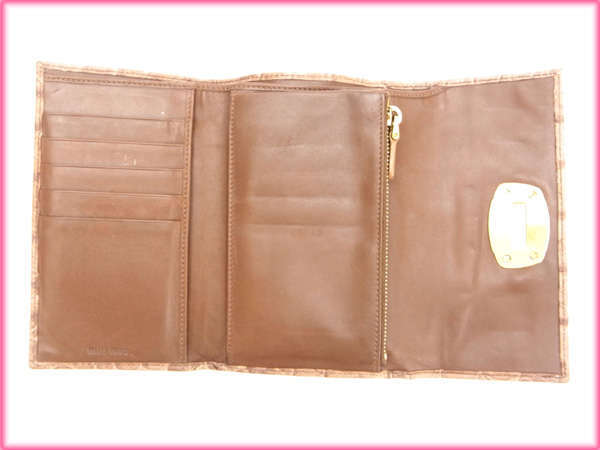 【ブラックフライデー30%OFFクーポン】ミュウミュウ 三つ折り財布 レディース クロコダイル型押し ピンク 中古_画像4