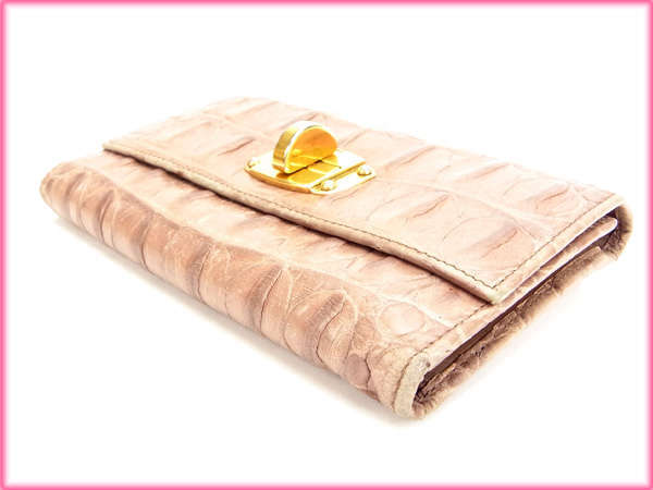 【ブラックフライデー30%OFFクーポン】ミュウミュウ 三つ折り財布 レディース クロコダイル型押し ピンク 中古_画像6