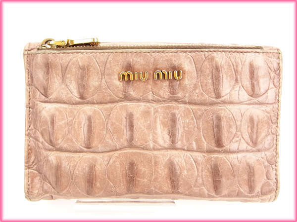 【ブラックフライデー30%OFFクーポン】ミュウミュウ 三つ折り財布 レディース クロコダイル型押し ピンク 中古_画像7