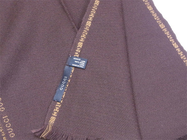 【ブラックフライデー30%OFFクーポン】グッチ マフラー フリンジ付き レディース ロゴライン ブラウン×ベージュ 中古_画像3