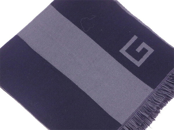 【ブラックフライデー30%OFFクーポン】グッチ マフラー フリンジ付き レディース Gマーク ネイビー×グレー 中古_画像2