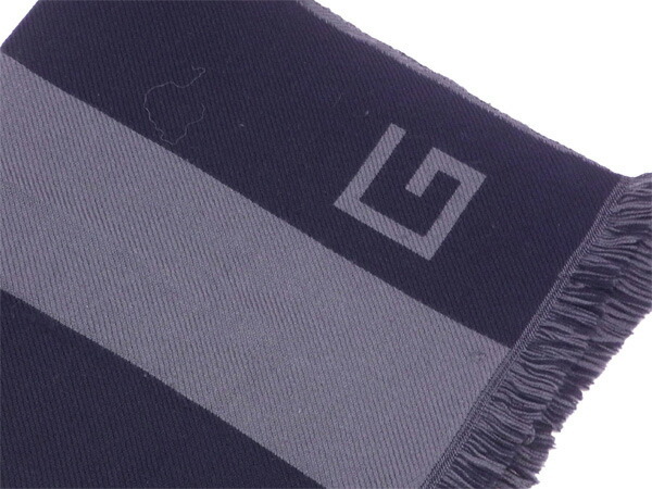 【ブラックフライデー30%OFFクーポン】グッチ マフラー フリンジ付き レディース Gマーク ネイビー×グレー 中古_画像3