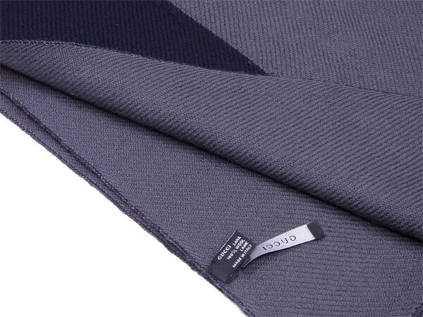 【ブラックフライデー30%OFFクーポン】グッチ マフラー フリンジ付き レディース Gマーク ネイビー×グレー 中古_画像4