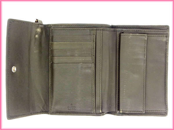 【ブラックフライデー30%OFFクーポン】グッチ 三つ折り財布 レディース グッチシマ ブラック×カーキー 中古_画像3