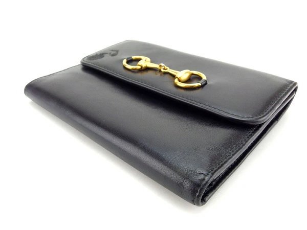 【ブラックフライデー30%OFFクーポン】グッチ 三つ折り財布 がま口 中長財布 レディース ブラック×ゴールド 中古_画像3
