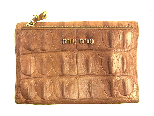 【ブラックフライデー30%OFFクーポン】ミュウミュウ 三つ折り財布 レディース クロコダイル型押し ブラウン系×ベージュ 中古_画像2