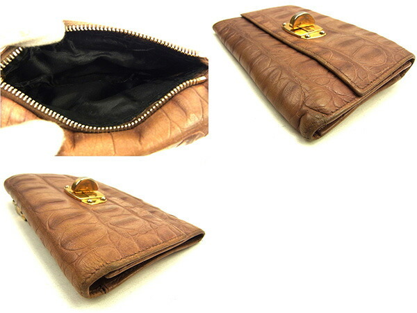 【ブラックフライデー30%OFFクーポン】ミュウミュウ 三つ折り財布 レディース クロコダイル型押し ブラウン系×ベージュ 中古_画像6