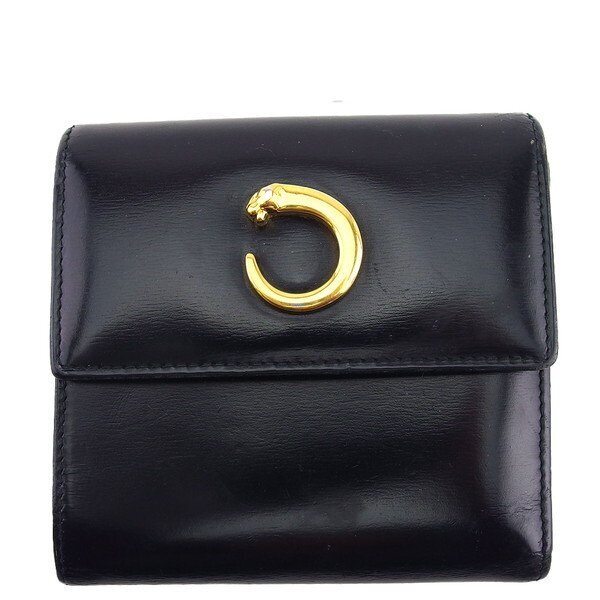 【30%OFFクーポン】カルティエ CARTIER 三つ折り財布 パンテール ブラック×ゴールド レディース 中古_画像1