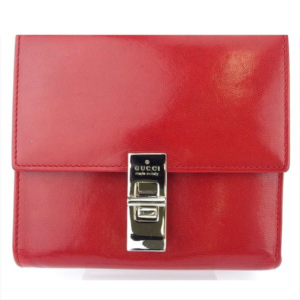 【ブラックフライデー30%OFFクーポン】グッチ GUCCI 三つ折り財布 ロゴプレート レッド シルバー レディース 中古_画像1