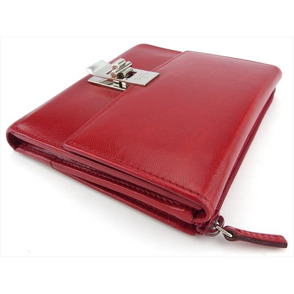 【ブラックフライデー30%OFFクーポン】グッチ GUCCI 三つ折り財布 ロゴプレート レッド シルバー レディース 中古_画像2