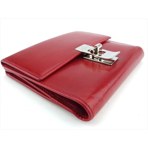 【ブラックフライデー30%OFFクーポン】グッチ GUCCI 三つ折り財布 ロゴプレート レッド シルバー レディース 中古_画像3