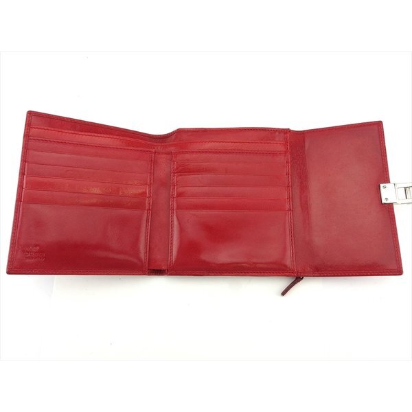 【ブラックフライデー30%OFFクーポン】グッチ GUCCI 三つ折り財布 ロゴプレート レッド シルバー レディース 中古_画像4