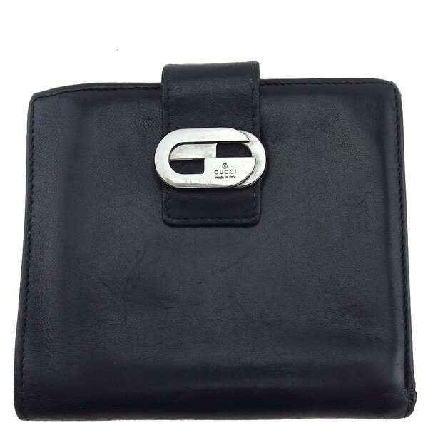 【ブラックフライデー30%OFFクーポン】グッチ GUCCI 三つ折り財布 ブラック×真鍮シルバー レディース 中古_画像1