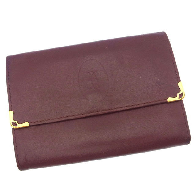 【30%OFFクーポン】カルティエ 三つ折り財布 がま口 レディース 角プレート付き マストライン ボルドー×ゴールド 中古_画像1