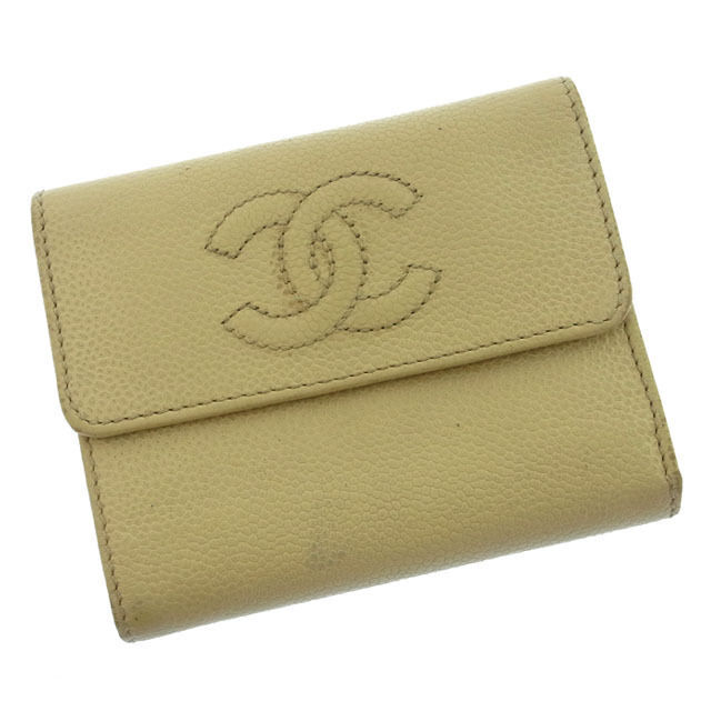 【30%OFFクーポン】シャネル 三つ折り財布 ファスナー レディース ココマーク クリーム×ゴールド 中古_画像1
