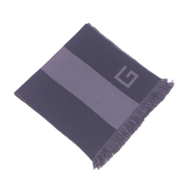 【ブラックフライデー30%OFFクーポン】グッチ マフラー フリンジ付き レディース Gマーク ネイビー×グレー 中古_画像1