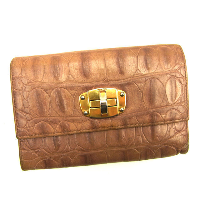 【ブラックフライデー30%OFFクーポン】ミュウミュウ 三つ折り財布 レディース クロコダイル型押し ブラウン系×ベージュ 中古_画像1