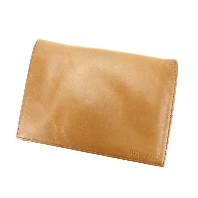 【ブラックフライデー30%OFFクーポン】ミュウミュウ 三つ折り財布 レディース ロゴ ブラウン 中古_画像1