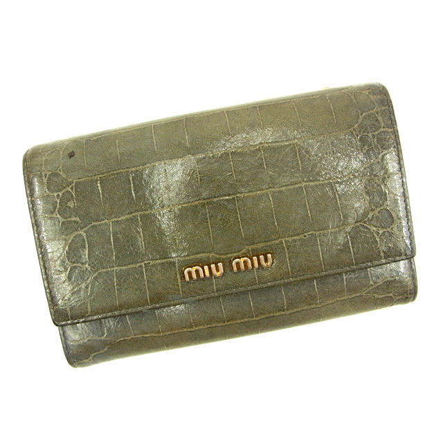 【ブラックフライデー30%OFFクーポン】ミュウミュウ 三つ折り財布 レディース クロコダイル型押し グレー 中古_画像1