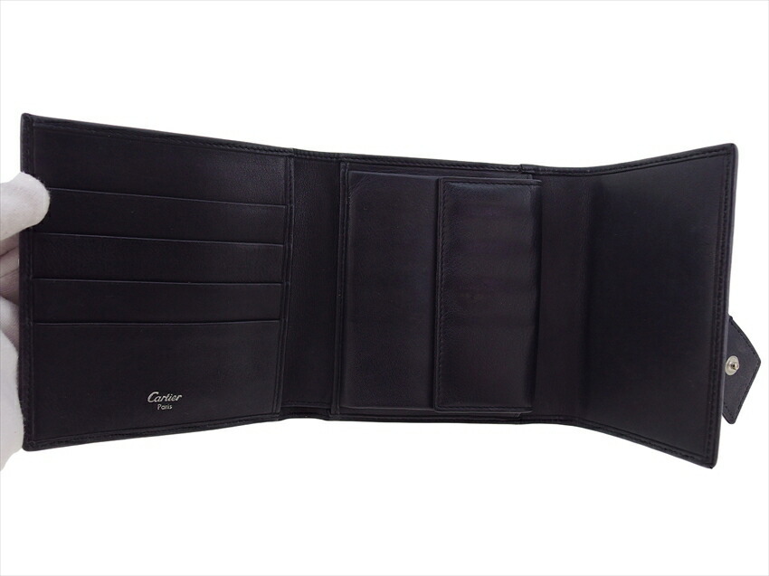 【30%OFFクーポン】カルティエ CARTIER 三つ折り財布 トリニティ ブラック ゴールド シルバー レディース 中古_画像4