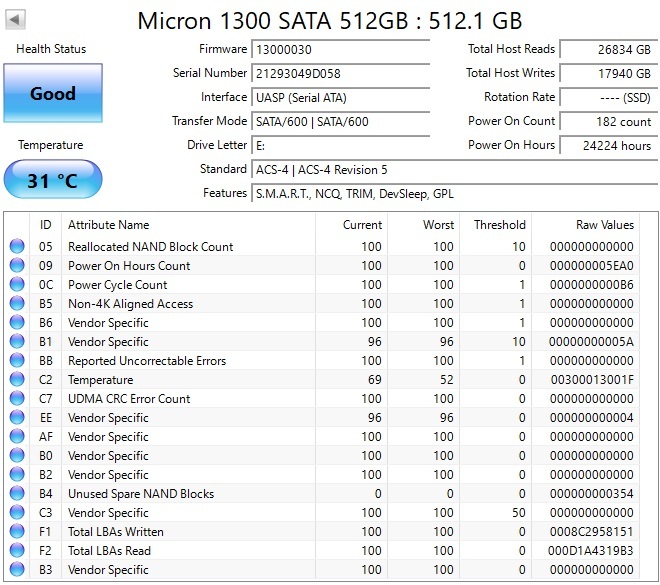 【使用時間:24224時間】Micron 1300 512GB SATA SSD MTFDDAK512TDL Dell 8RCKR 動作確認済み [PT950]_画像2