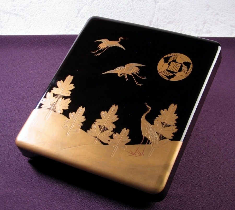 時代　硯箱　蒔絵鶴松文　家紋入　内総梨地　幅：24cm　桐箱入　明治～大正/25k011_画像2
