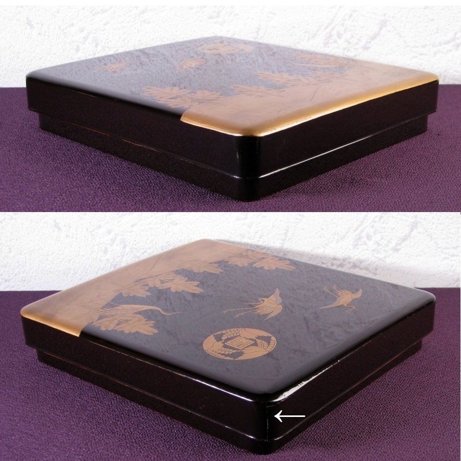 時代　硯箱　蒔絵鶴松文　家紋入　内総梨地　幅：24cm　桐箱入　明治～大正/25k011_画像3