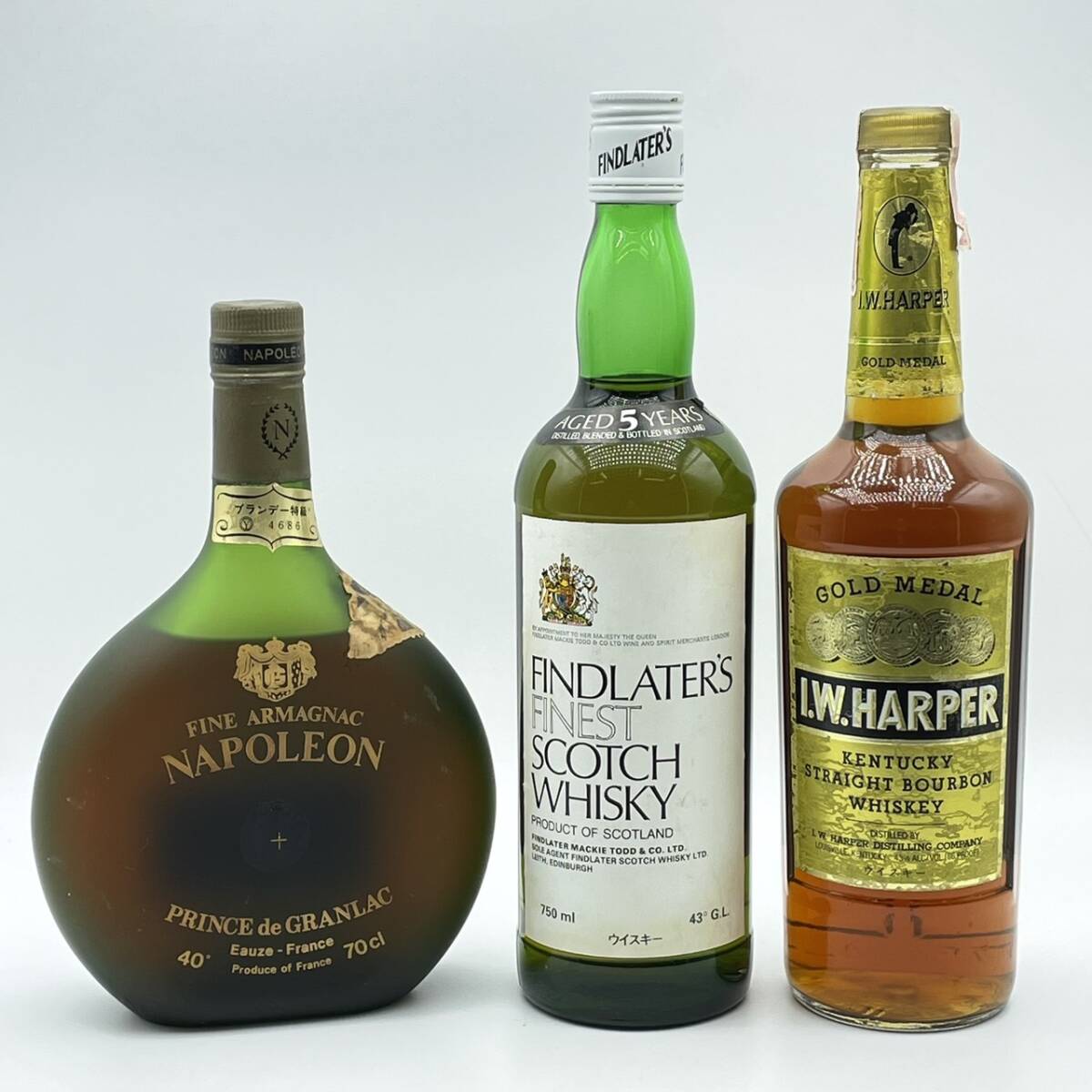 25柏/A030620-1/IS3000/K121-402/ 酒 3本まとめ NAPOLEON PRINCE de GRANLAC/FINDLATER’S FINEST SCOTCH WHISKY/I.W.HARPER_画像1