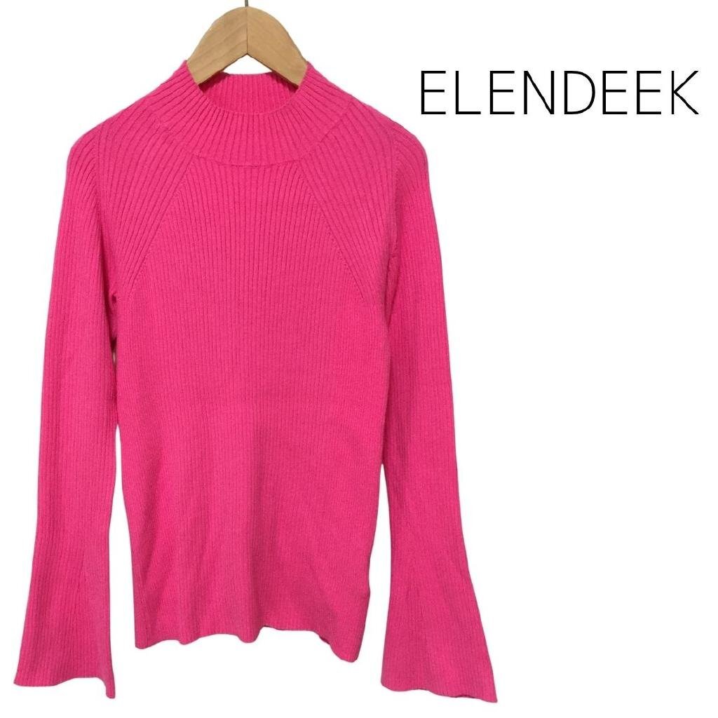 【送料込】 ELENDEEK エレンディーク ニット ピンク 無地 リブニット フレアスリーブ ハイネック 可愛い sizeFREE 大人フェミニン/975163_画像1