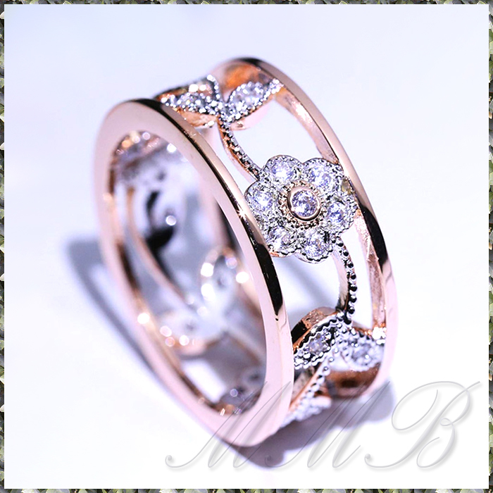 [RING] Rose & White Gold Plated Flower Design Hollow Ring フラワー リーフ CZ 透彫 デザイン 8mm リング 11号_画像1