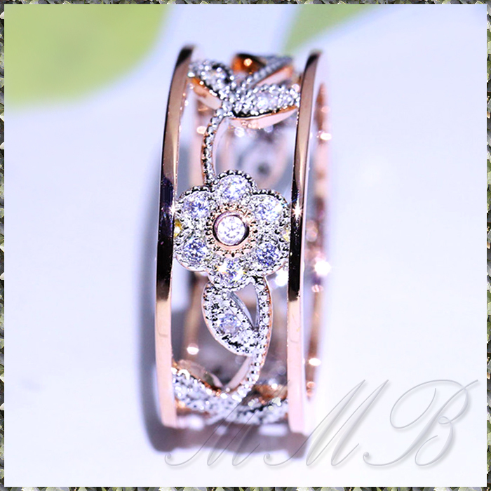 [RING] Rose & White Gold Plated Flower Design Hollow Ring フラワー リーフ CZ 透彫 デザイン 8mm リング 11号_画像2