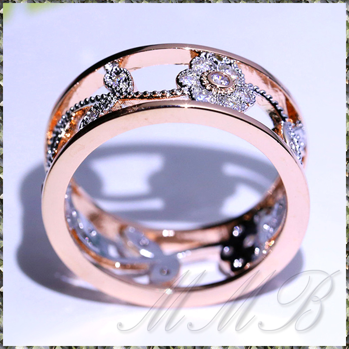 [RING] Rose & White Gold Plated Flower Design Hollow Ring フラワー リーフ CZ 透彫 デザイン 8mm リング 11号_画像3