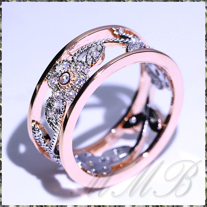 [RING] Rose & White Gold Plated Flower Design Hollow Ring フラワー リーフ CZ 透彫 デザイン 8mm リング 11号_画像4