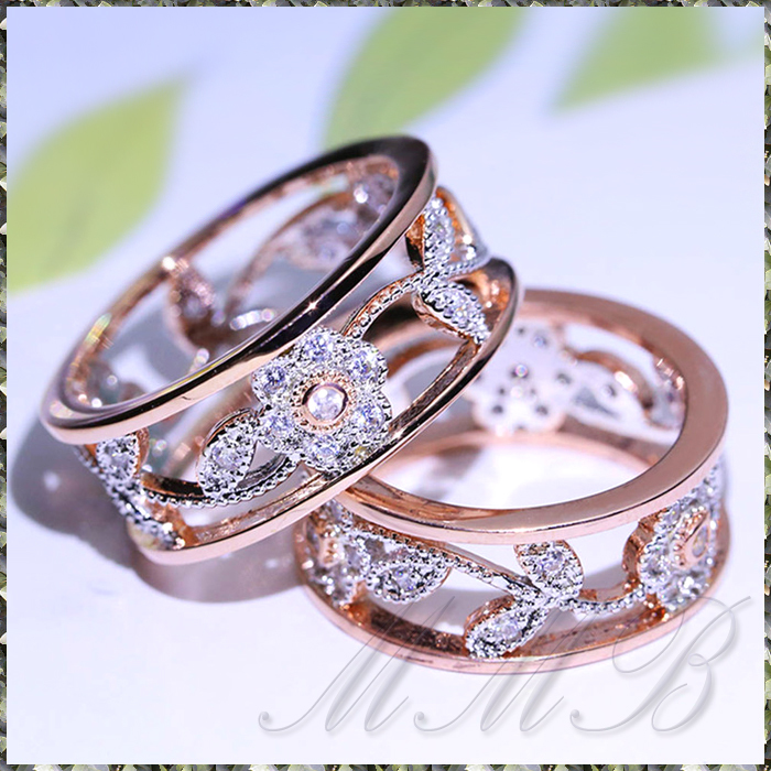 [RING] Rose & White Gold Plated Flower Design Hollow Ring フラワー リーフ CZ 透彫 デザイン 8mm リング 11号_画像5