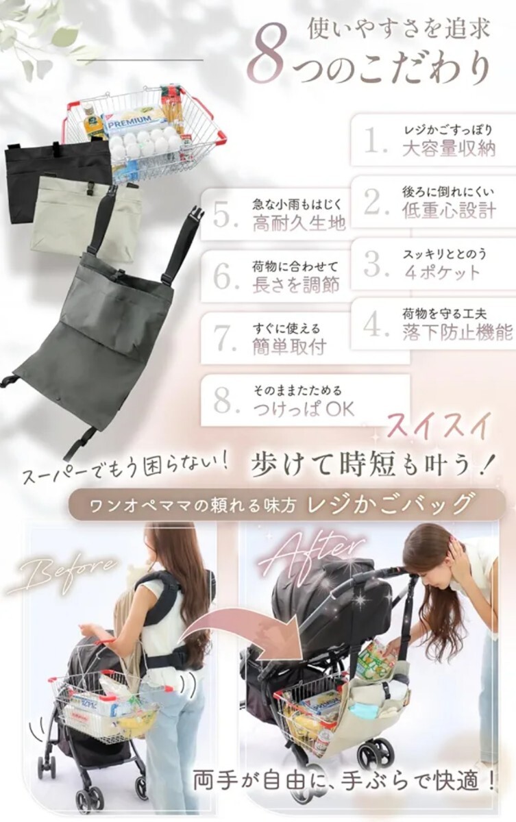 新品☆定価2,980円 ブラック Liscia レジカゴ対応 ベビーカーバッグ ハンモック アンダーバッグ ベビーカー用バッグ カゴ 買い物かご 黒_画像5