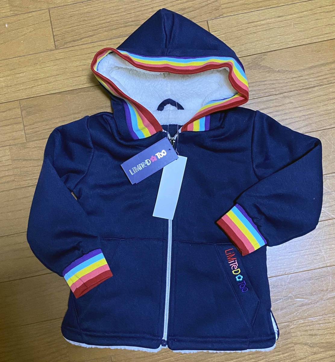 新品 110 ★ コストコ LIMITED TOO ガールズ 裏ボア ジップ パーカー ネイビー レインボーリブ ジャケット もこもこ フード キッズ 105 115_画像2