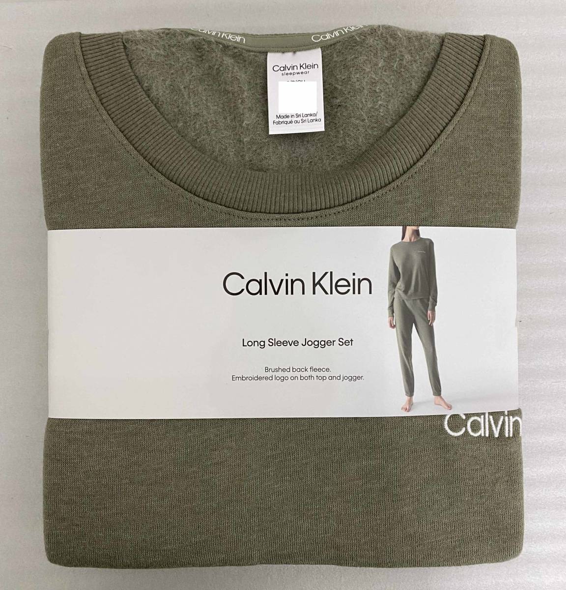 新品 M ★ Calvin Klein カルバンクライン 長袖 パジャマ 上下 セット カーキ US-S 薄手 裏起毛 ロゴ ルームウェア ジョガーパンツ CK_画像7