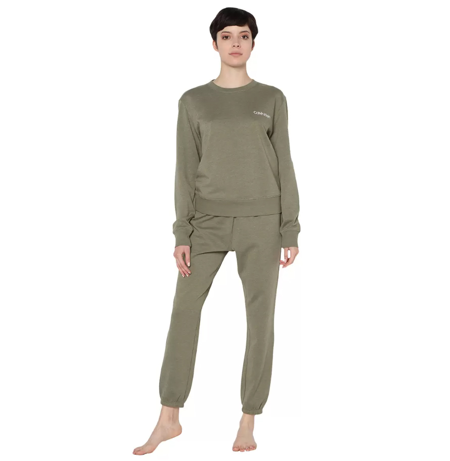 新品 M ★ Calvin Klein カルバンクライン 長袖 パジャマ 上下 セット カーキ US-S 薄手 裏起毛 ロゴ ルームウェア ジョガーパンツ CK_画像4