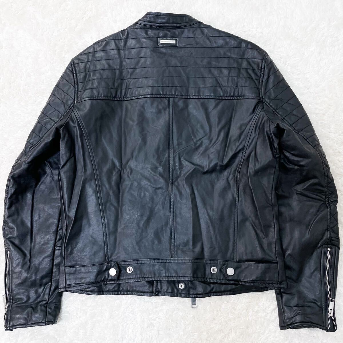 超希少!!lXL相当!!アルマーニエクスチェンジ【ド派手な一着】レザー ライダース ジャケット キルティング 裏地ロゴ柄 黒 ブルゾン ARMANI _画像6