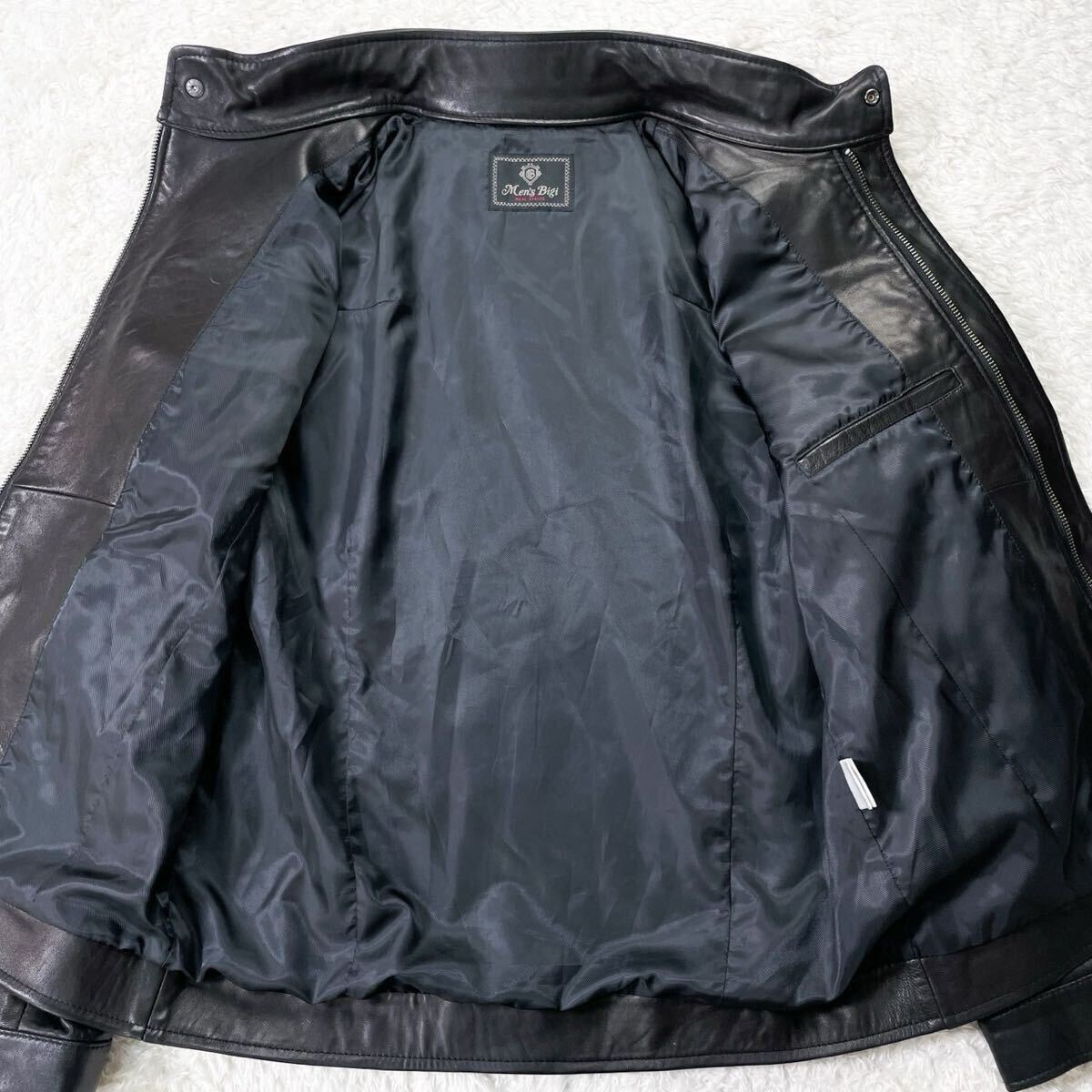 美品!!XL相当!!メンズビギ【ラムレザー 羊革】MEN'S BIGI レザー ライダースジャケット シープスキン ブルゾン メンズ 本革 ブラック 秋冬_画像5