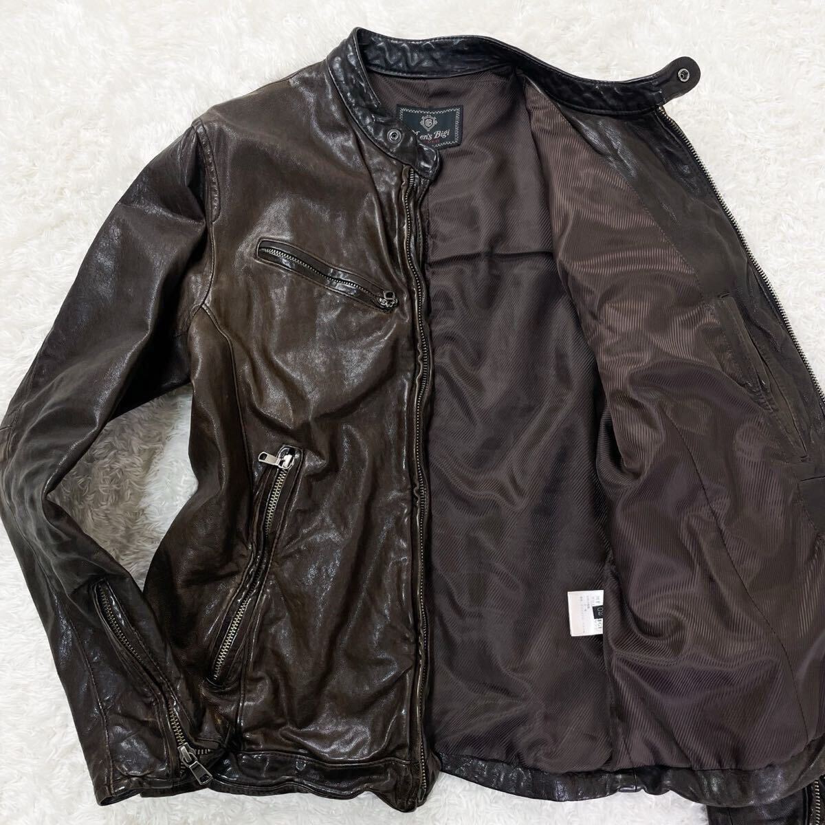 美品!!メンズビギ【漢の戦闘服】MEN'S BIGI ラムレザー 羊革 シープスキンライダースジャケット シワ加工 ラムレザー y2k ブラウン _画像1