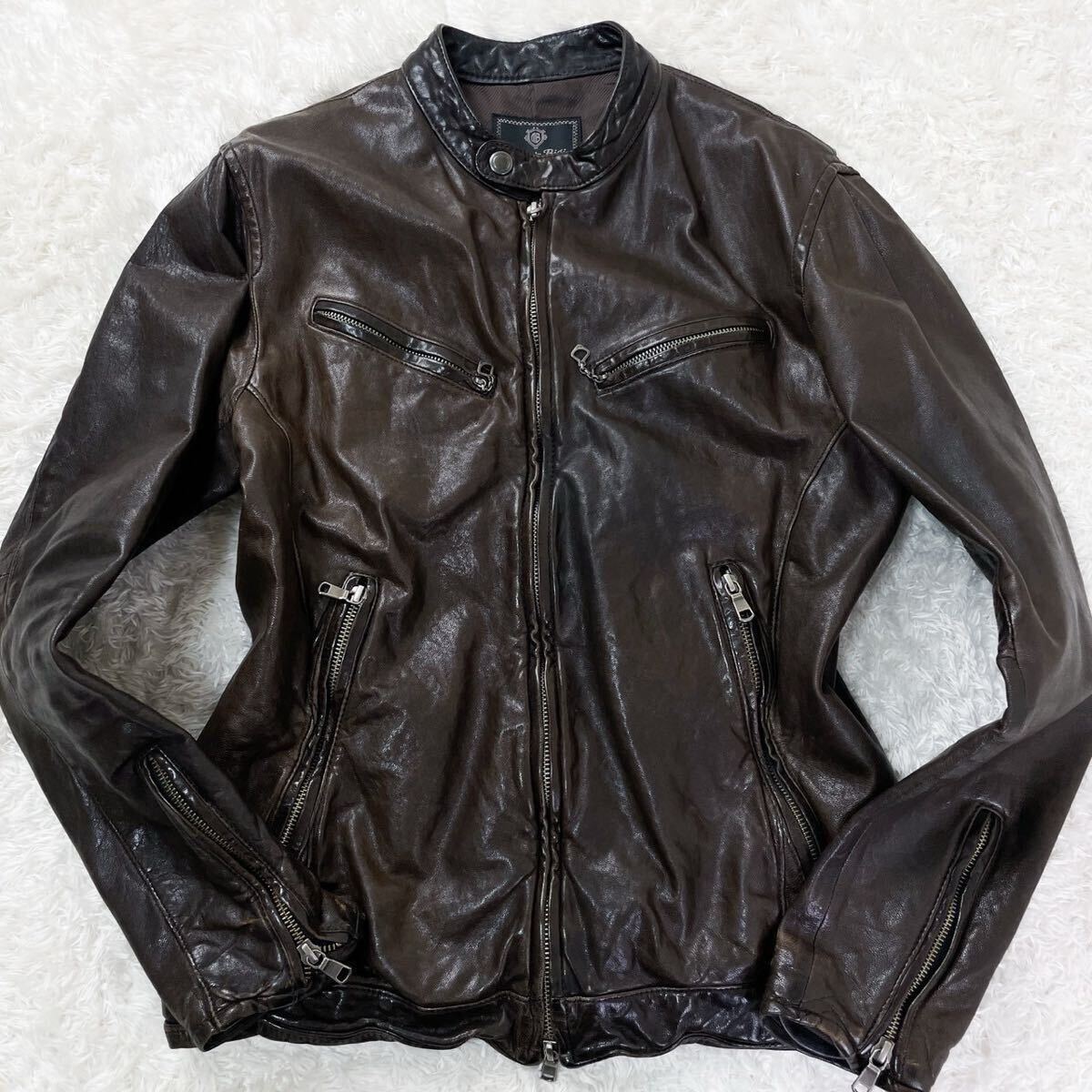 美品!!メンズビギ【漢の戦闘服】MEN'S BIGI ラムレザー 羊革 シープスキンライダースジャケット シワ加工 ラムレザー y2k ブラウン _画像2